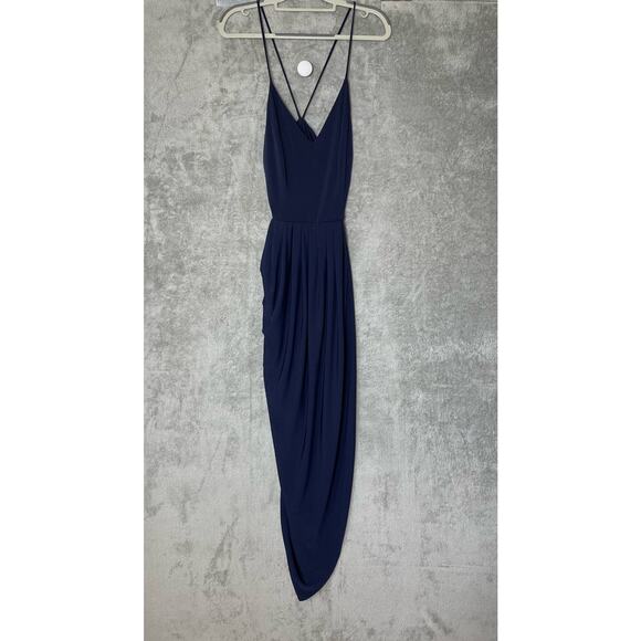 Pia Gladys Perey Formal Cocktail Dress Size 4 Navy Satin Strappy Front Slit - Picture 1 of 8